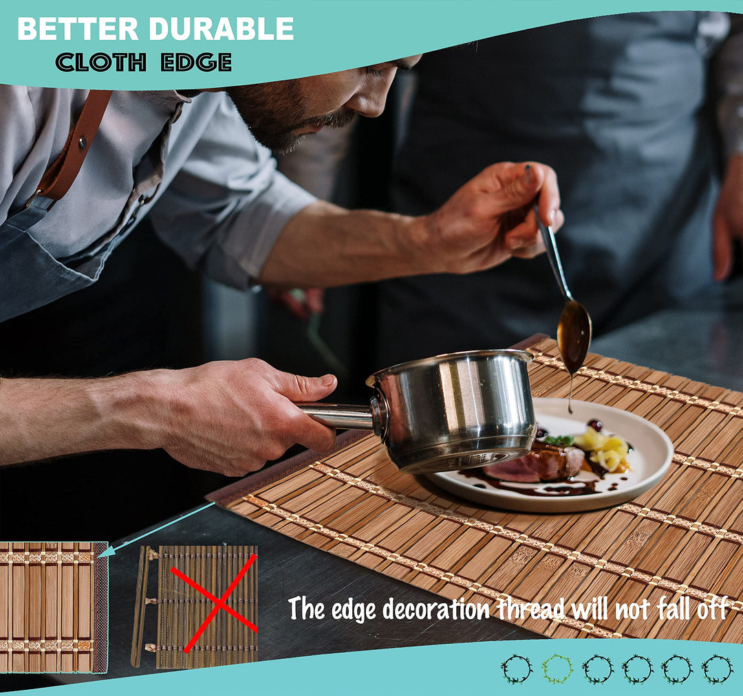 Natural Bamboo Table Wood Placemats Set of 6, Rustic Wooden Placemats for Dinner Table Kitchen Protection Bamboo Table Mat, Modern Placemats
