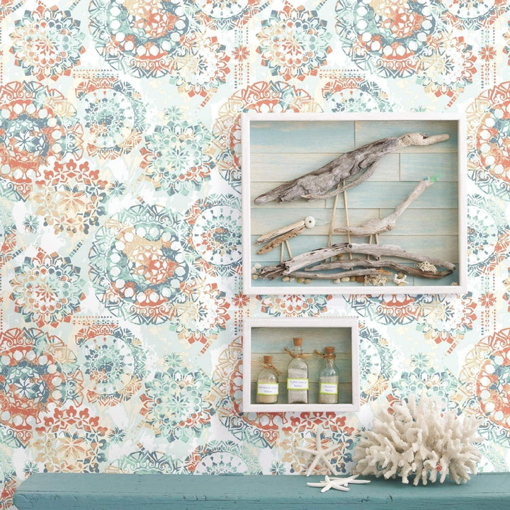 RMK9126WP Orange and Blue Boho Medallion Peel and Stick Wallpaper, Coral, 20.5 x 16.5 feet