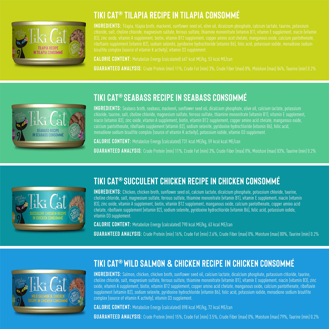 Tiki Cat Luau Grain-Free, Low-Carbohydrate Wet Food with Poultry or Fish in Consomme for Adult Cats &amp; Kittens, 2.8oz, 12pk, Variety