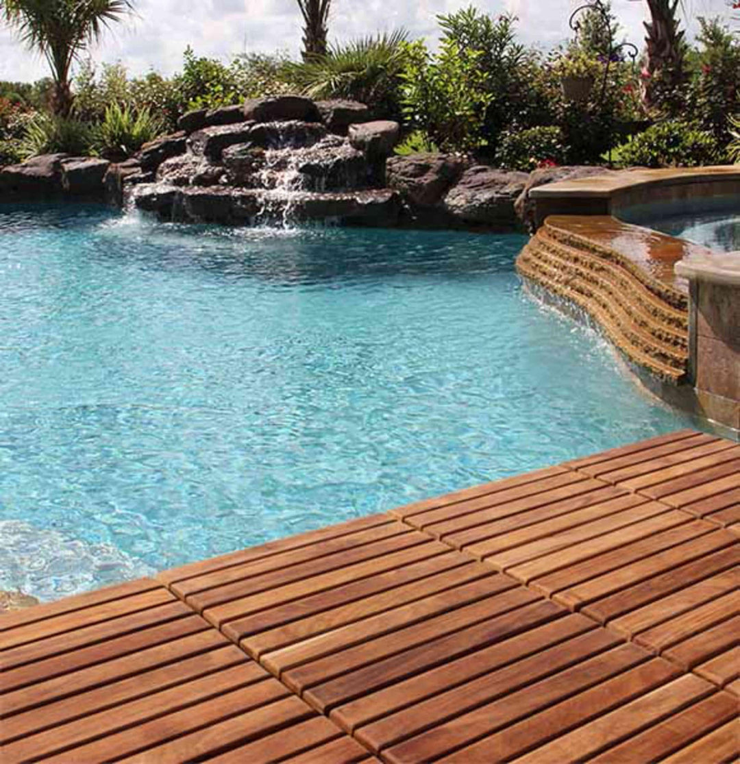 EZ-Floor Interlocking Flooring Tiles in Solid Teak Wood Oiled Finish (Set of 10), Long 9 Slat