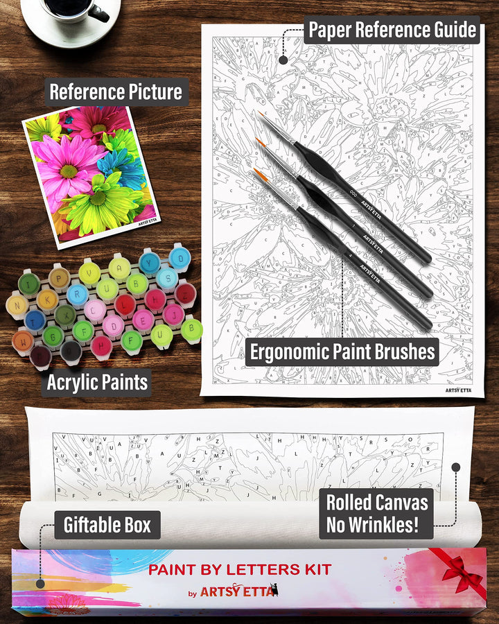 Paint by Number for Adults Beginners with Letters - Paint-by-Number Kits - Flowers - Easy DIY Acrylic Painting on Canvas, Sip &amp; Craft Art Set