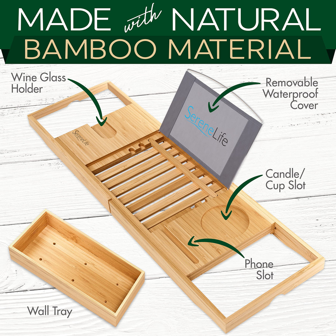 Luxury Bamboo Bathtub Caddy Tray - Adjustable Natural Wood Bath Tub Organizer with Wine Holder, Cup Placement, Soap Dish, Book Space &amp; Phone Slot for Spa, Bathroom &amp; Shower - SLBCAD20
