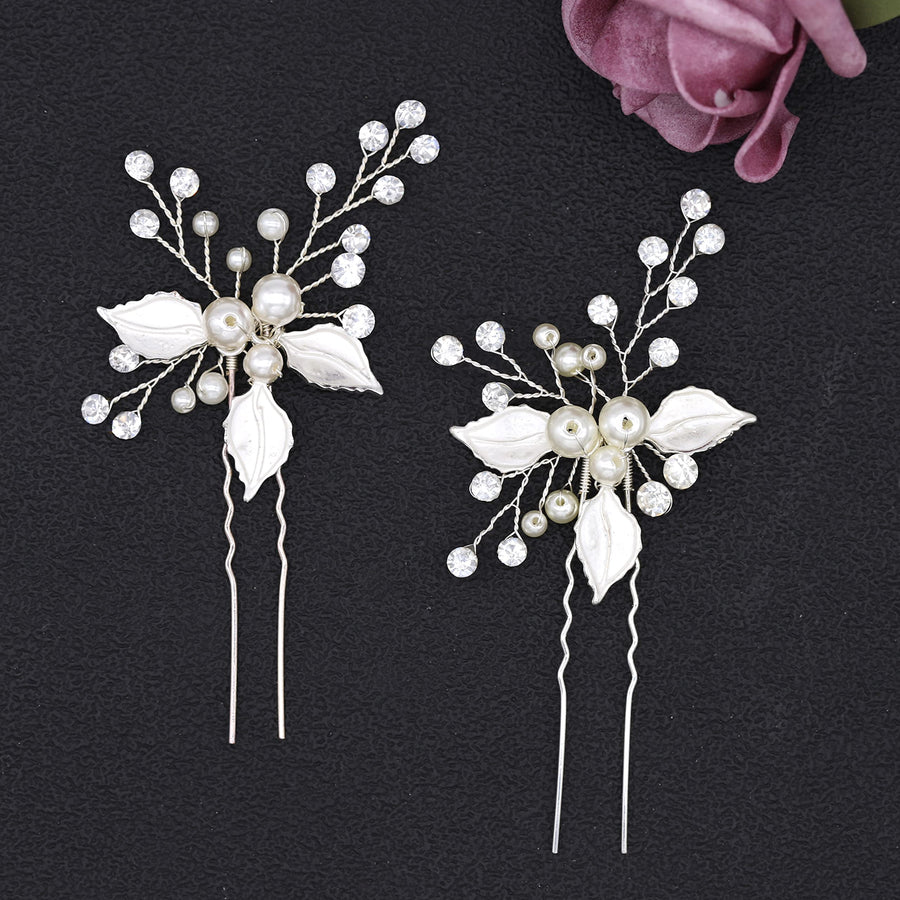Silver: Ammei Silver Wedding Headpieces For Bride Handmade Leaves Design Bridal Hair Pins With Rhinestones And Pearls Set Of 2 (Silver)