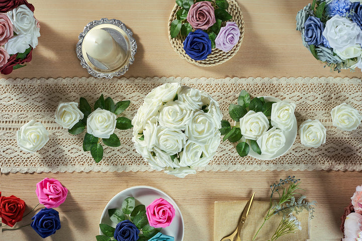 Cream White Foam Rose Artificial Flowers Heads with Stems, 25pcs Fake Flowers for DIY Wedding Decor, Baby Shower, Bridal Shower, Wedding Bouquet,Party Centerpiece Table Decorations