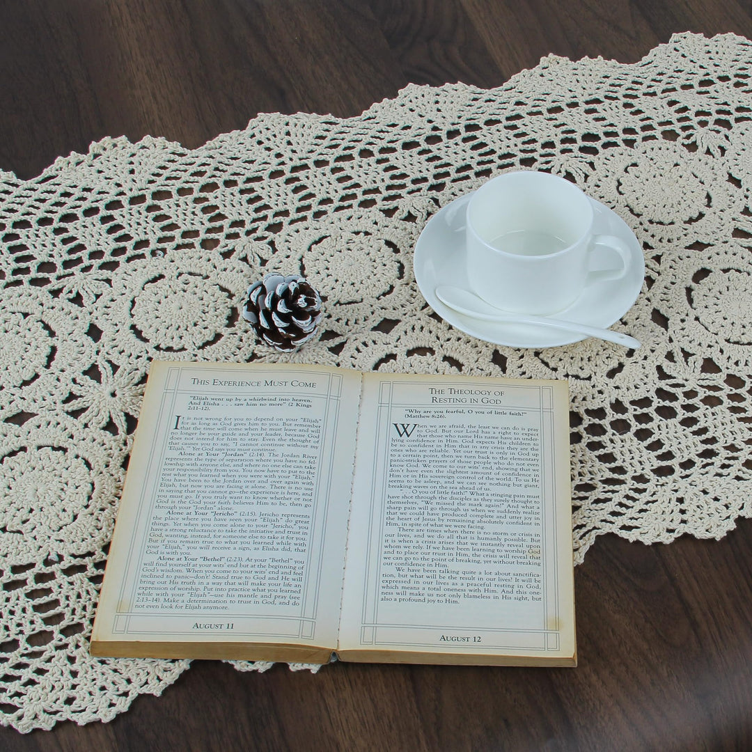 Handmade Crochet Lace Rectangular Table Runner 15 x 36 Inch, Beige