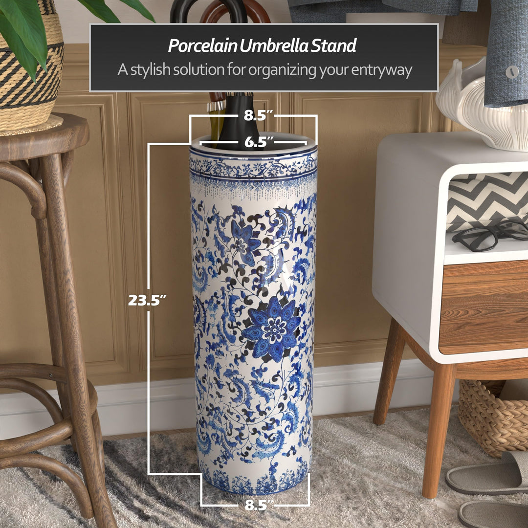 24 Floral Blue &amp; White Porcelain Umbrella Stand, 2 foot