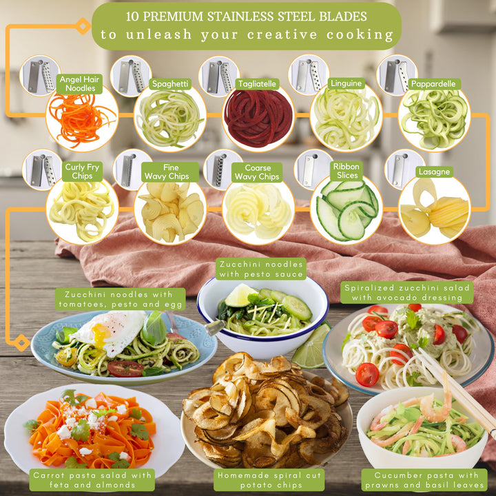 10-Blade Vegetable Spiralizer: Strongest-Heaviest Duty Spiral Slicer, Best Veggie Pasta Spaghetti Maker for Low Carb/Paleo/Gluten-Free, With Container, Lid, Blade Caddy, 4 Recipe Ebooks