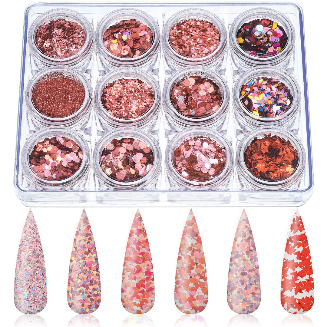 12 Boxes Holographic Nail Art Sequins Valentine's Day Glitter Nail Sequins Powder Iridescent Nail Flakes Mixed Laser Confetti for Nail DIY Art Makeups Supplies (Rose Gold)