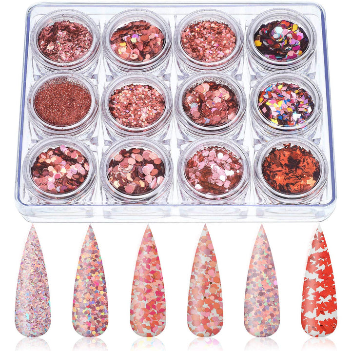 12 Boxes Holographic Nail Art Sequins Valentine's Day Glitter Nail Sequins Powder Iridescent Nail Flakes Mixed Laser Confetti for Nail DIY Art Makeups Supplies (Rose Gold)