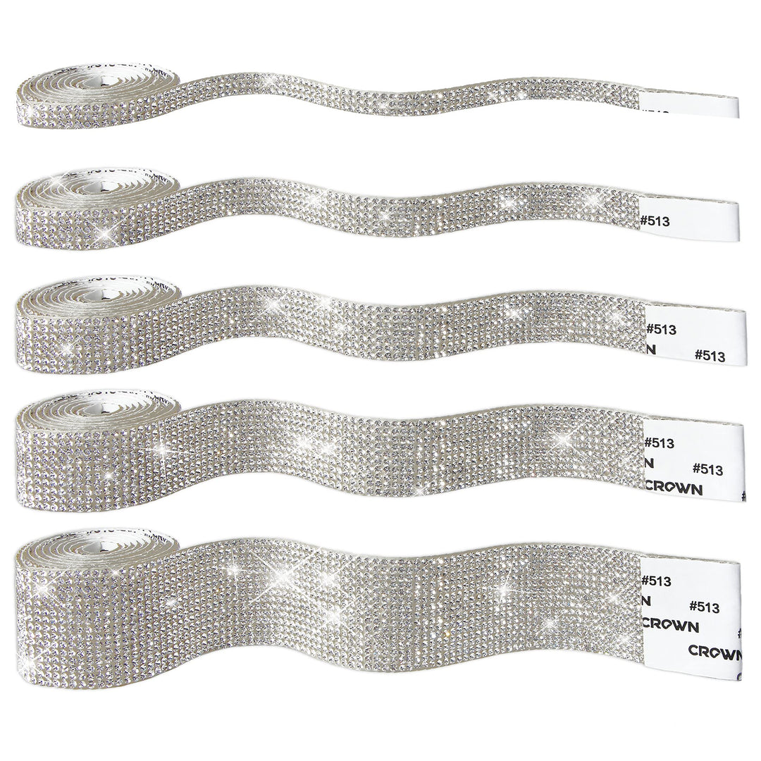 5 Rolls Self Adhesive Bling Wrap Crystal Rhinestone Strips Diamond Ribbon,Rhinestones for Crafts,Diamond Stickers Silver Rhinestone Ribbon Use for Decoration (Silver/5 Sizes/Total 5Yards)