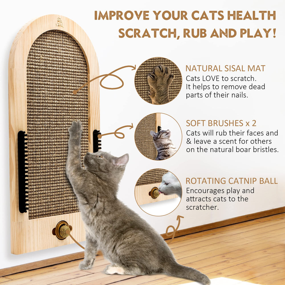Cat Scratching Post - Extra Large - Wall-Mounted Cat Scratcher with Catnip Ball and Self Groomer Brushes - Furniture Window Mount - Scratch Pad for Indoor Cats.
