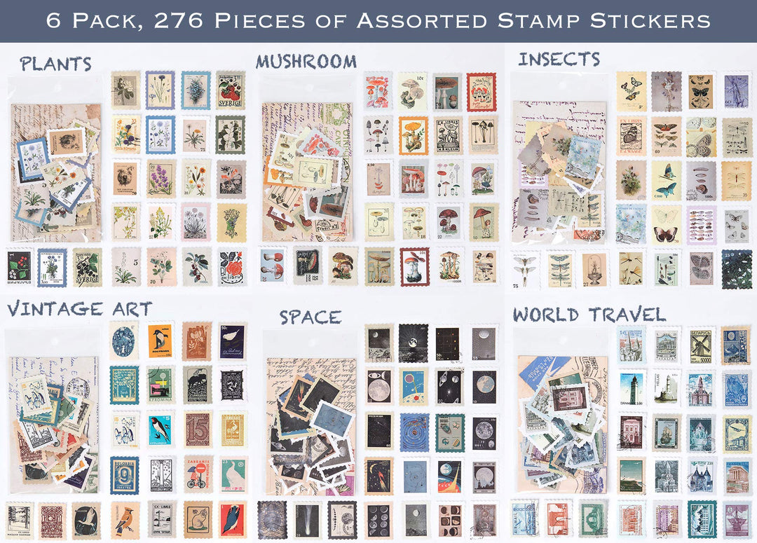 Vintage Postage Stamp Stickers Set (276 Pieces) - Botanical Deco Sticker for Scrapbooking, Bullet Journaling, Junk Journal, Planners, Bujo Travel Diary, Nature Plant Ephemera