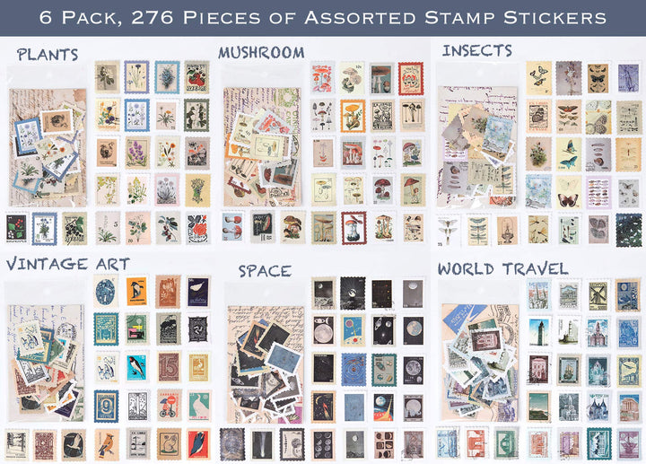 Vintage Postage Stamp Stickers Set (276 Pieces) - Botanical Deco Sticker for Scrapbooking, Bullet Journaling, Junk Journal, Planners, Bujo Travel Diary, Nature Plant Ephemera