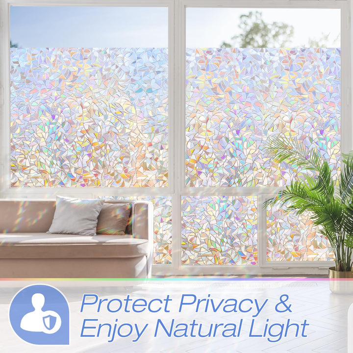 Window Privacy Film, Rainbow Window Film Decorative 3D Window Clings Non Adhesive Window Tint for Home, Stained Glass Window Film for Glass, UV Blocking, 17.5 x 78.7 inches