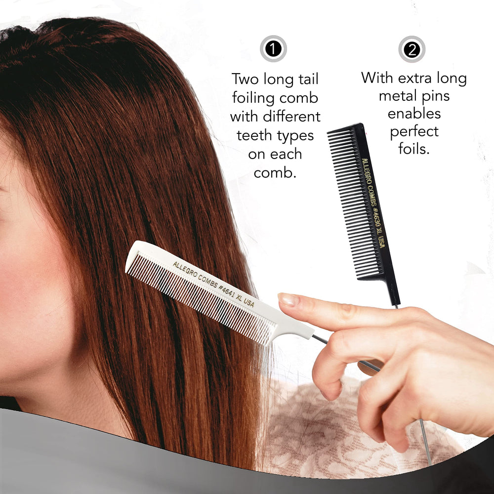 XL Pintail Rat Tail Combs Parting Combs Metal Tail Foiling Combs Pin Combs 2 Pc. (BLACK & WHITE)