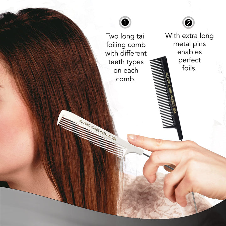 XL Pintail Rat Tail Combs Parting Combs Metal Tail Foiling Combs Pin Combs 2 Pc. (BLACK &amp; WHITE)