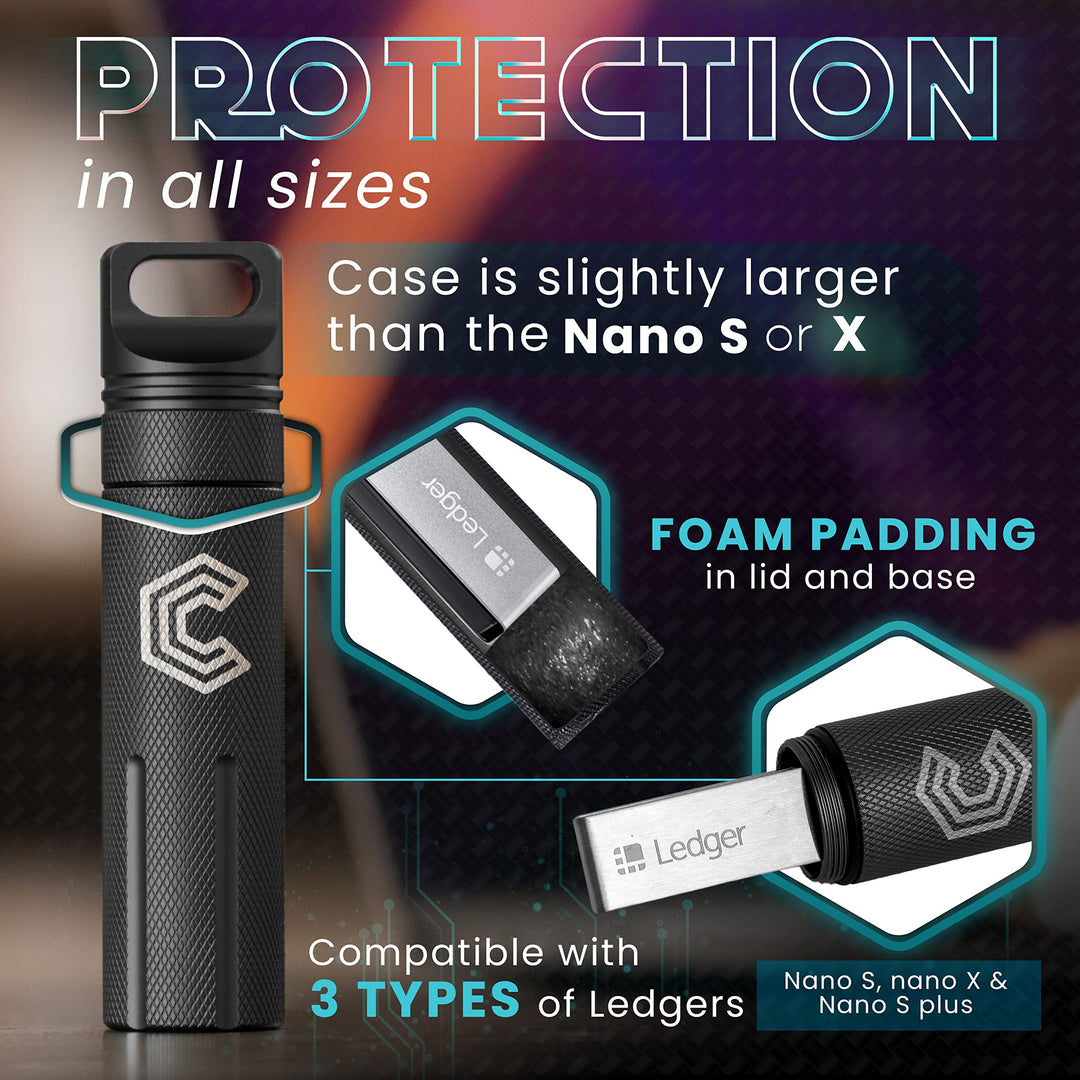 CryptoPod Ledger Nano Case - Fits Nano S/X/S Plus &amp; Yubikey USB - Aluminum Alloy, Fire Resistant &amp; Waterproof - Protective Cold Wallet Storage for Cryptocurrency Device Storage (Black)
