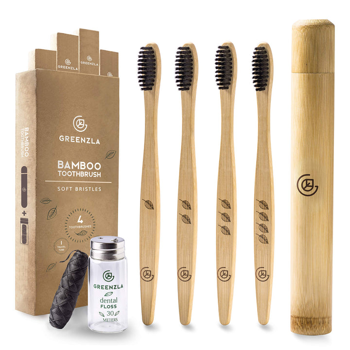 GREENZLA Organic Bamboo Toothbrushes, 4 Pack Sturdy BPA