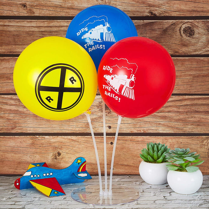 36 Pieces Train Latex Balloon Railroad Balloon and 2 Rolls Silver Ribbons for Birthday Baby Shower Engagement Party Decoration Supply