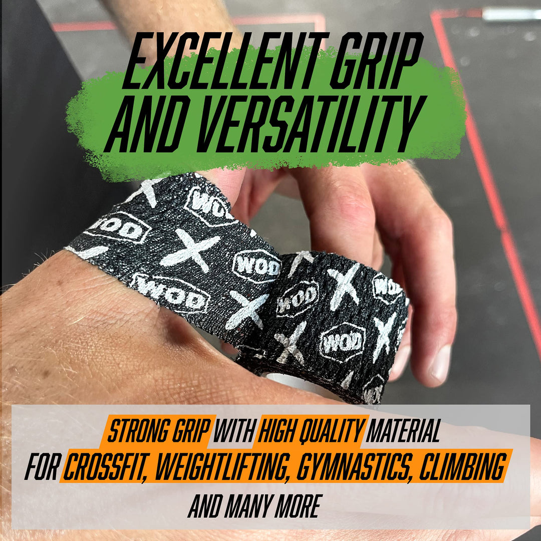 WOD Recovery Hook Grip Weightlifting Tape - Sweatproof &amp; Chalk-Resistant, Adhesive Wrap for Thumb, Fingers, &amp; Hands - Black/White, 1.5 Inches x 16 Feet