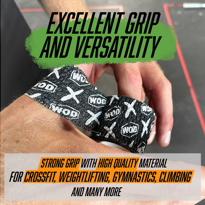 WOD Recovery Hook Grip Weightlifting Tape - Sweatproof &amp; Chalk-Resistant, Adhesive Wrap for Thumb, Fingers, &amp; Hands - Black/White, 1.5 Inches x 16 Feet