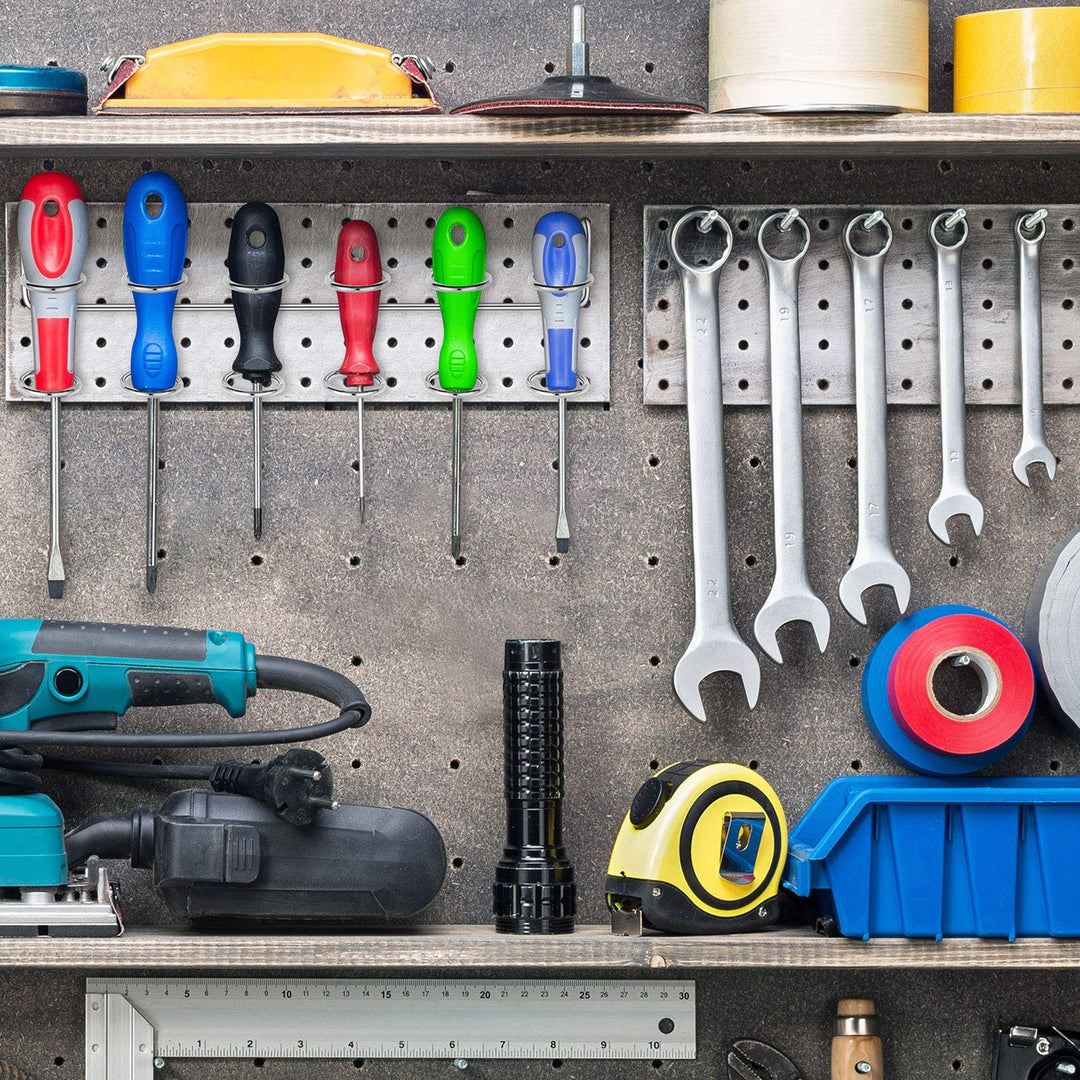 Ripeng Pegboard Screwdriver Holders Peg Board Organizer Accessories Multi Ring Tool Holders Six Tool Multi Tool Organizer Racks for Pegboard, Pliers(Silver, 4 Pieces)