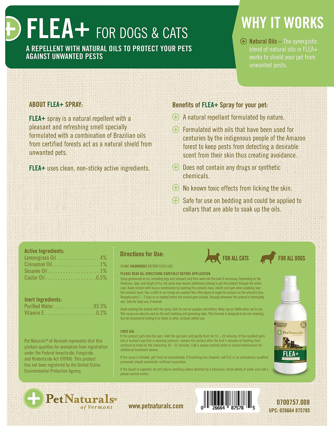 Flea and Tick Prevention Spray with Natural Oils for Dogs and Cats, 8 Ounce - Safe for Bedding and Collars - Clean, Non Sticky Ingredients