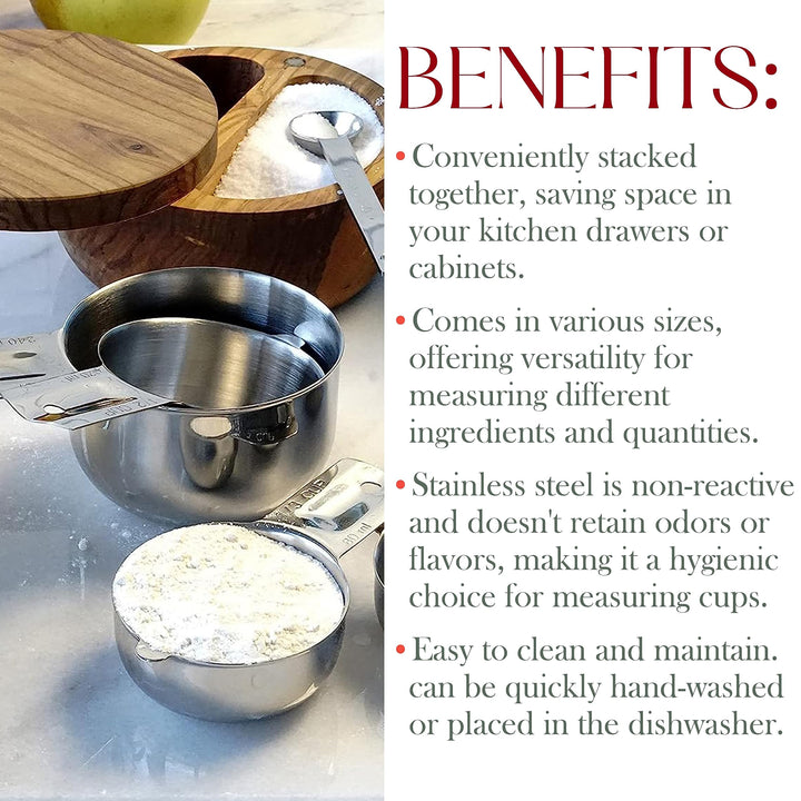 One Piece Stainless Steel - Nesting measuring cups for Kitchen for Bakers, Dry - Ml &amp; Oz measuring cup for Liquid, Metal, Set of 6