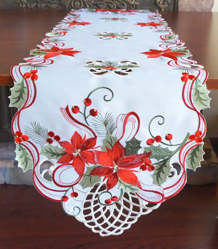 Holiday Christmas Table Runner 13x54, Cutwork Embroider
