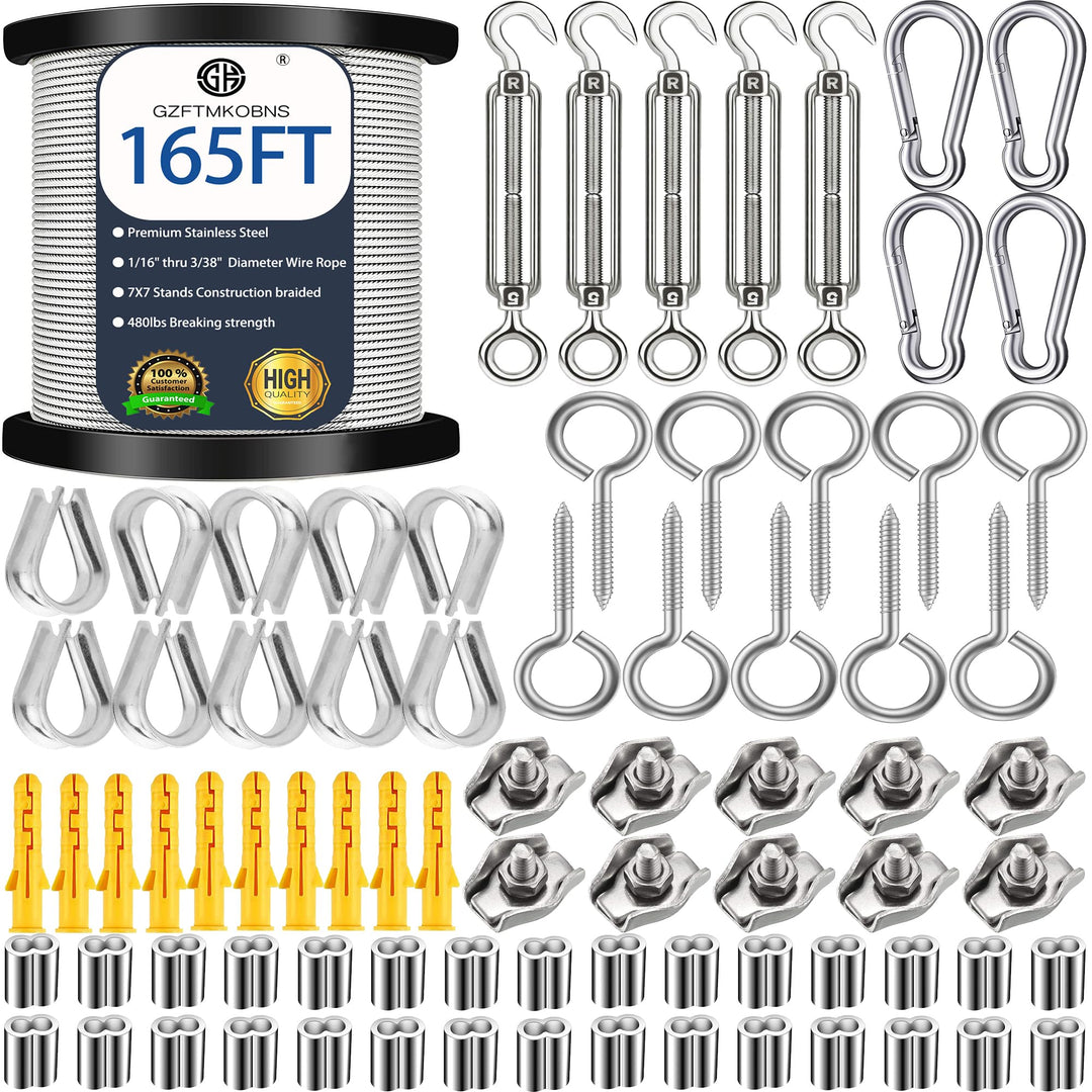 1/16 Wire Rope Kit,String Light Hanging Kit , Outdoor Light Guide Wire, 100M/328FT Vinyl Coated Stainless Steel Cable Wire for Outdoor,Garden,Kitchen,Craft with Turnbuckle (50M, 165FT, 95)