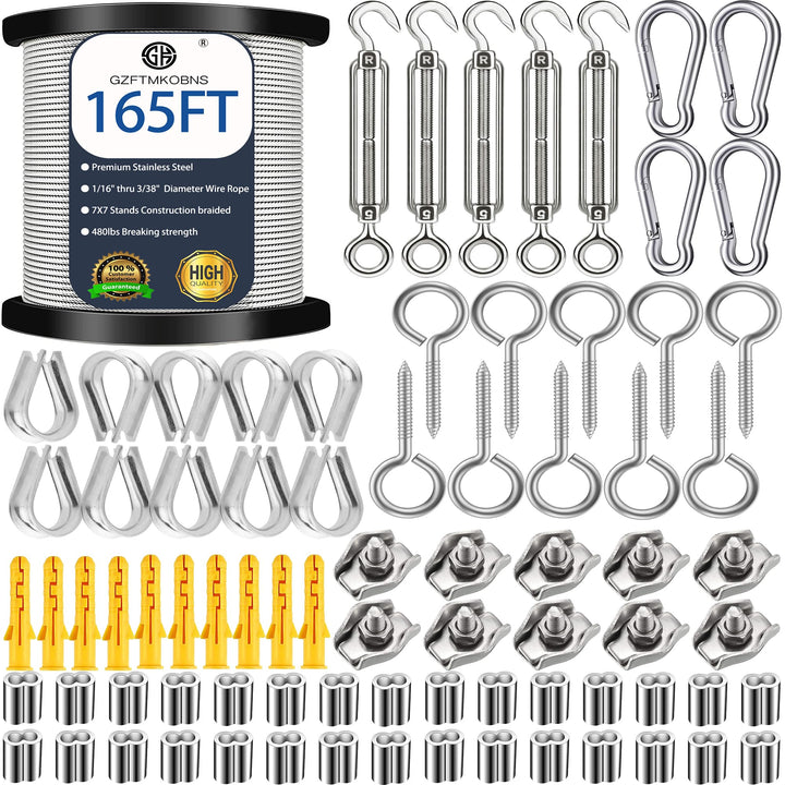 1/16 Wire Rope Kit,String Light Hanging Kit , Outdoor Light Guide Wire, 100M/328FT Vinyl Coated Stainless Steel Cable Wire for Outdoor,Garden,Kitchen,Craft with Turnbuckle (50M, 165FT, 95)
