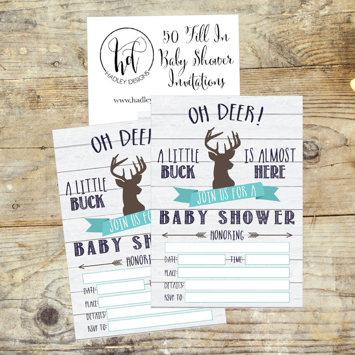 50 Fill in Deer Baby Shower Invitations, Baby Shower Invitations Hunting, Camping, Camo, Buck, Rustic, Neutral, Woodland Baby Shower Invites for Boy, Baby Invitation Cards Printable