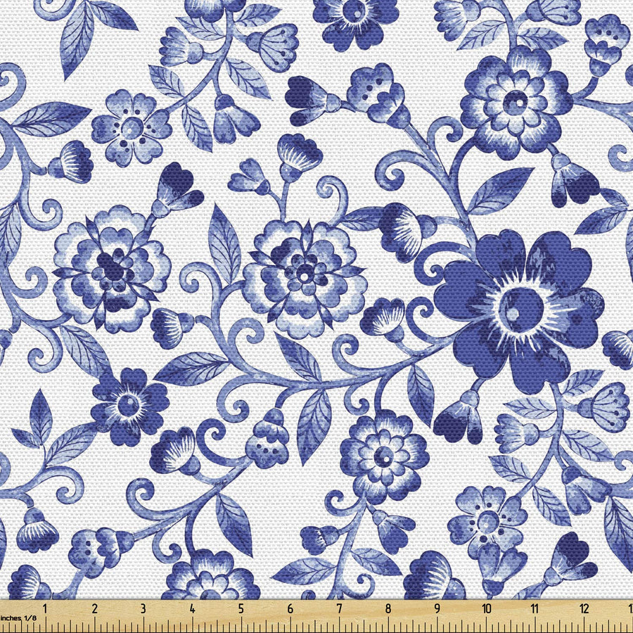 Floral Fabric by The Yard, Swirl Flower Pattern Folk Russian Folk Cultural Petals Ornamental Image, Decorative Fabric for Upholstery and Home Accents, 3 Yards, Azure Blue