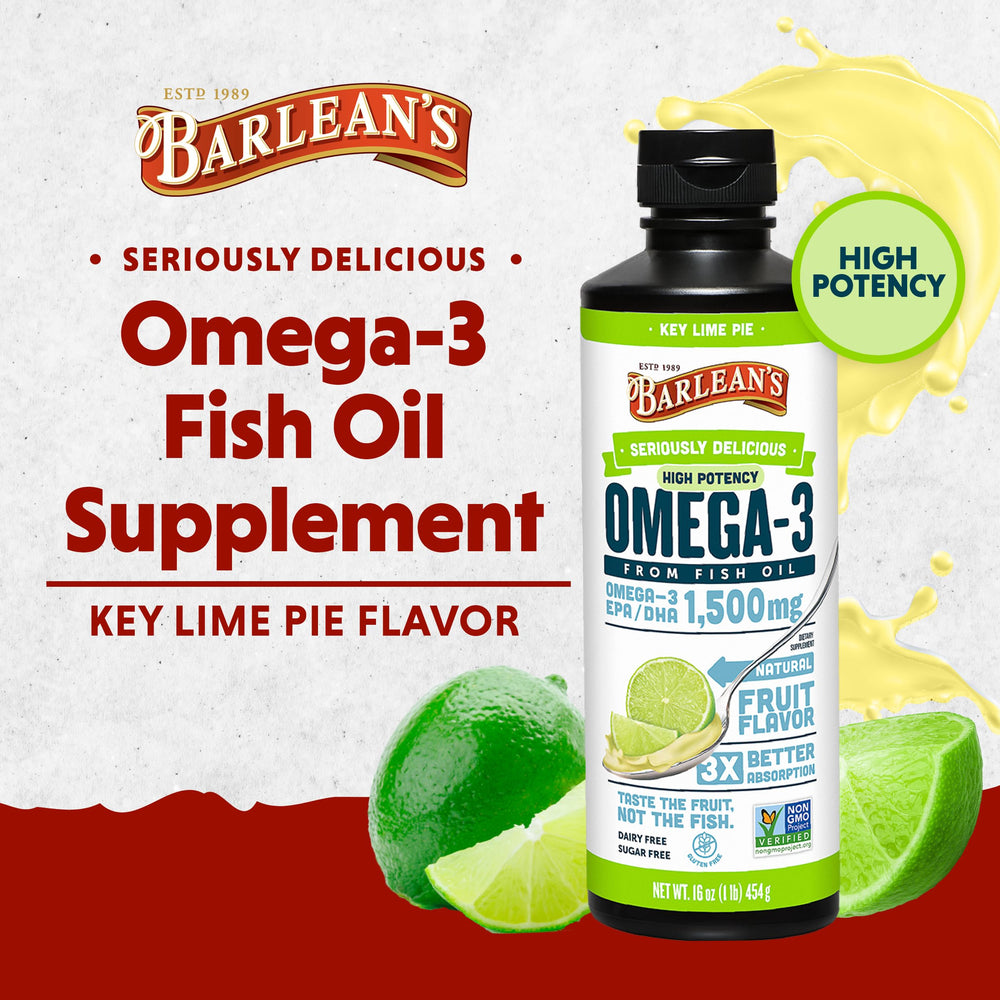 Key Lime Pie High Potency Omega 3 Fish Oil Liquid Supplement, 1500mg of EPA & DHA Fatty Acid, Smoothie Flavored & Burpless for Brain, Joint, & Heart Health, 16 oz