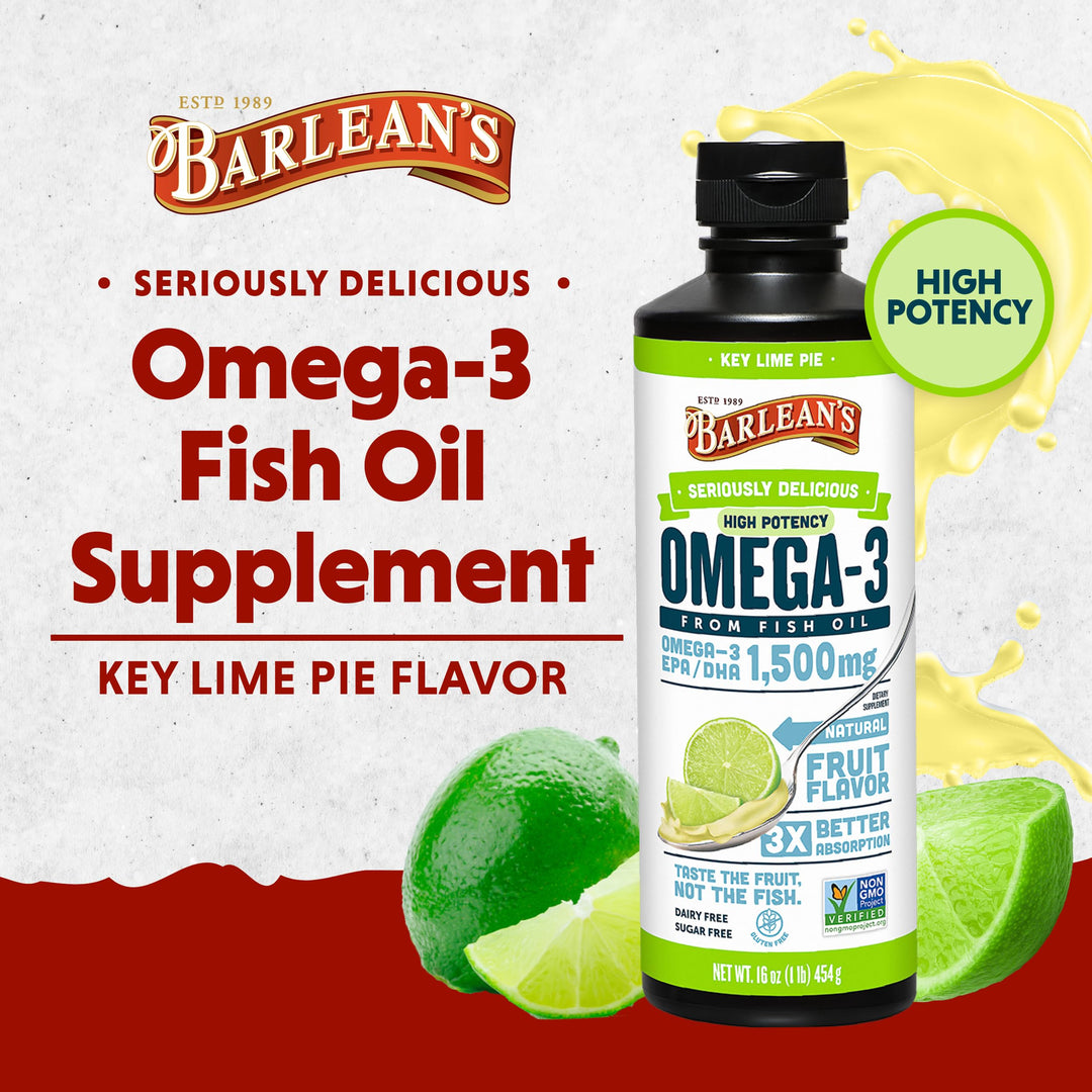 Barlean&#39;s Key Lime Pie High Potency Omega 3 Fish Oil Liquid Supplement, 1500mg of EPA &amp; DHA Fatty Acid, Smoothie Flavored &amp; Burpless for Brain, Joint, &amp; Heart Health, 16 oz