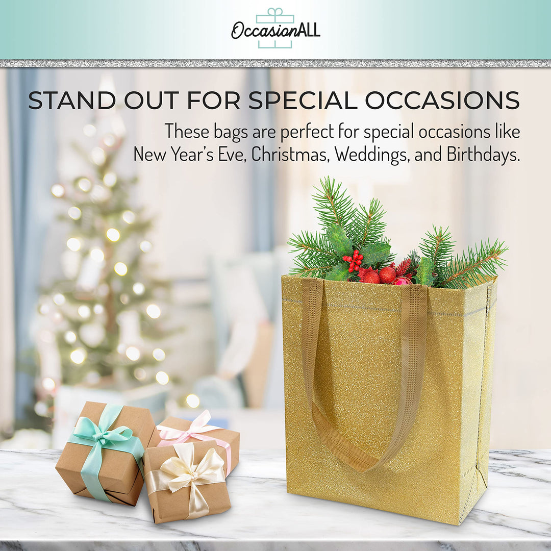 OccasionALL Gold Gift Bags 8x4x10 12 Pack Medium Reusab