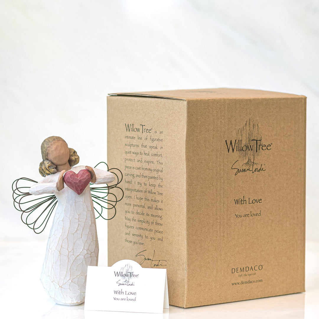with Love Angel, You are Loved, Figure Holding Out Red Heart, Gift for Wedding, Anniversary or Valentine’s Day, Sculpted Hand-Painted Darker-Skin Figure