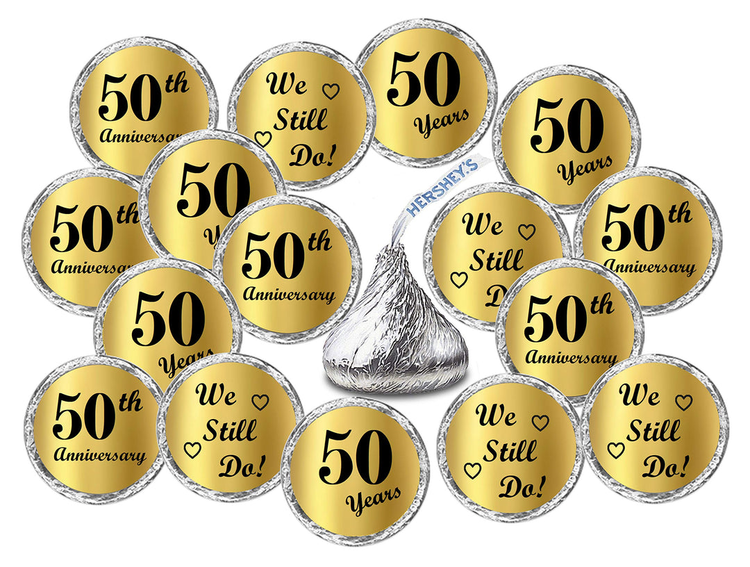 Gold Foil 50th Anniversary Kisses Stickers, (Set of 216) Chocolate Drops Labels Stickers for 50th Wedding Anniversary, Hershey&#39;s Kisses Party Favors Decor