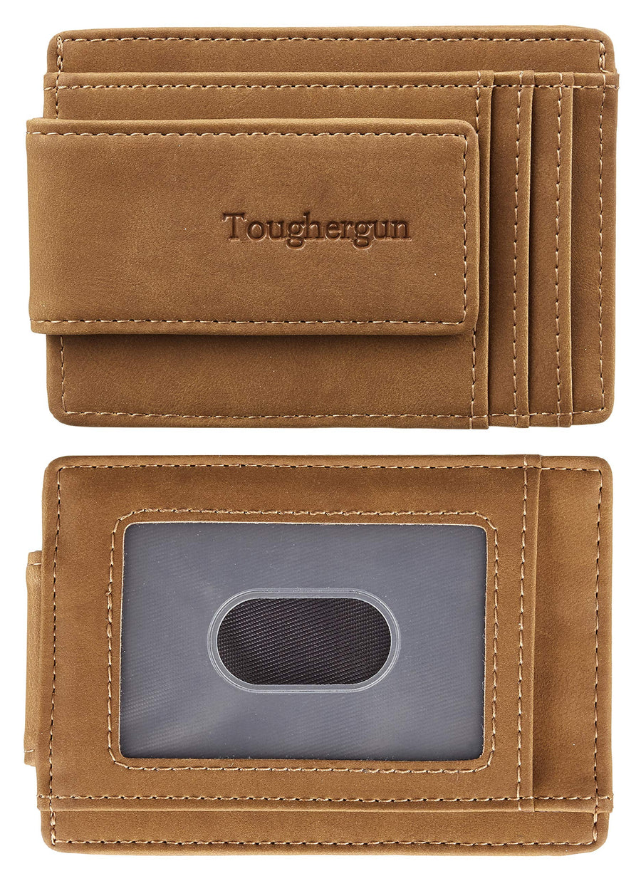 Genuine Leather Magnetic Front Pocket Money Clip Wallet RFID Blocking (Crazy Horse Khaki)