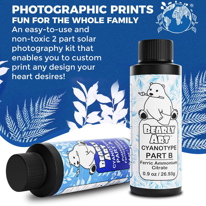 Cyanotype Kit - Sun - Solar Print Set for Photographic Printing on Paper and Fabric - 2 Part Sensitizer - Archival - Creates 32 8x10 Prints on Paper and 25 on Fabric