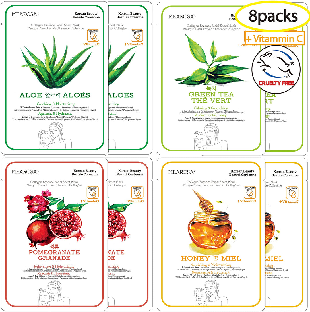 Collagen Variety Pack: Mearosa Collagen Essence Facial Mask Sheet Anti-Aging Skin Care (8 Sheets) Premium Quality +Vitamin C Natural Essence Daily Moisturizer For Sensitive Skin(C