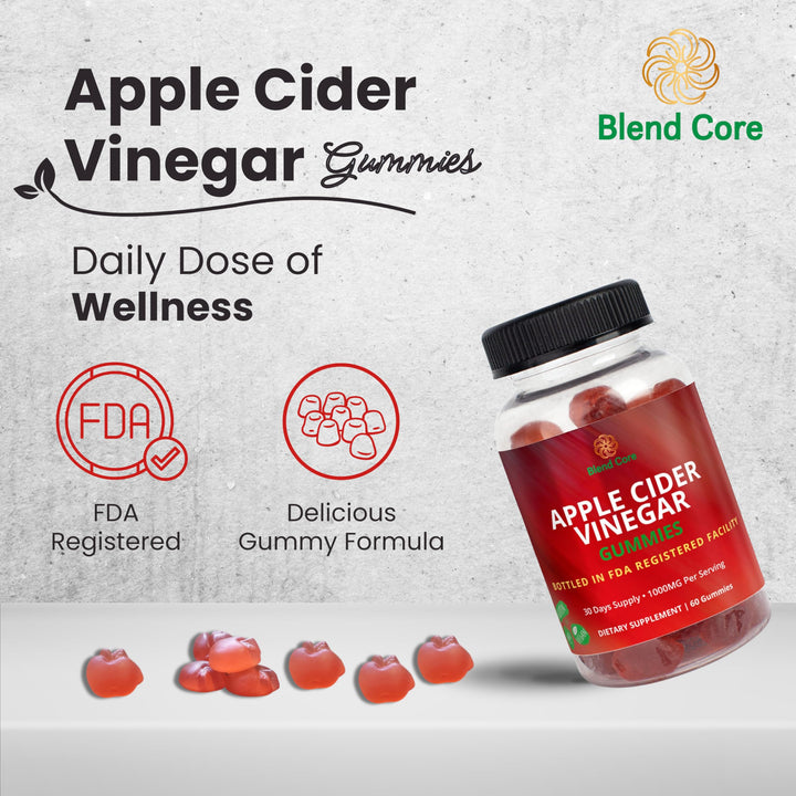 Blend Core Apple Cider Vinegar Gummies with Vitamin B12 – Vegan, Gluten-Free, Non-GMO – Apple & Purple Carrot Flavored – 1000mg ACV – 60 Gummies, 30-Day Supply