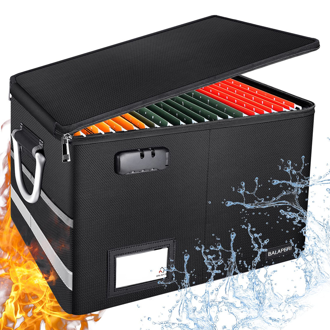 Fireproof File Box with Lock, Collapsible File Storage Box for Hanging Letter/Legal File Folder, Portable Document Storage Filing Box with Handle, File Folder Box for Home Office Travel