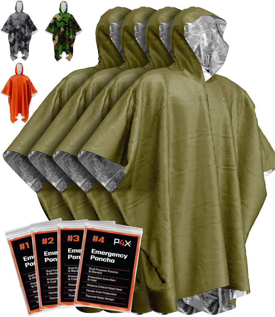 Emergency Poncho with Mylar Blanket Liner – Heavy Duty, Waterproof, Wind-Resistant Green Rain Poncho for Outdoors, Camping, and Car Emergency Kits - Thermal Poncho - 4 Pack (Green)