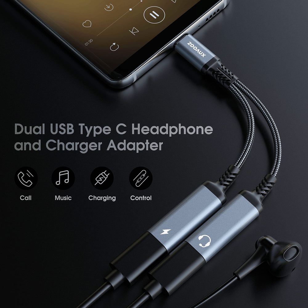 USB C Splitter, Dual USB C Headphone and Charger Adapter,2-in-1 Type C Audio Dongle Cable with PD 60W Fast Charging Support Call Music for Pixel 4 3 XL,Galaxy S23 S22 S21 S20, Xperia