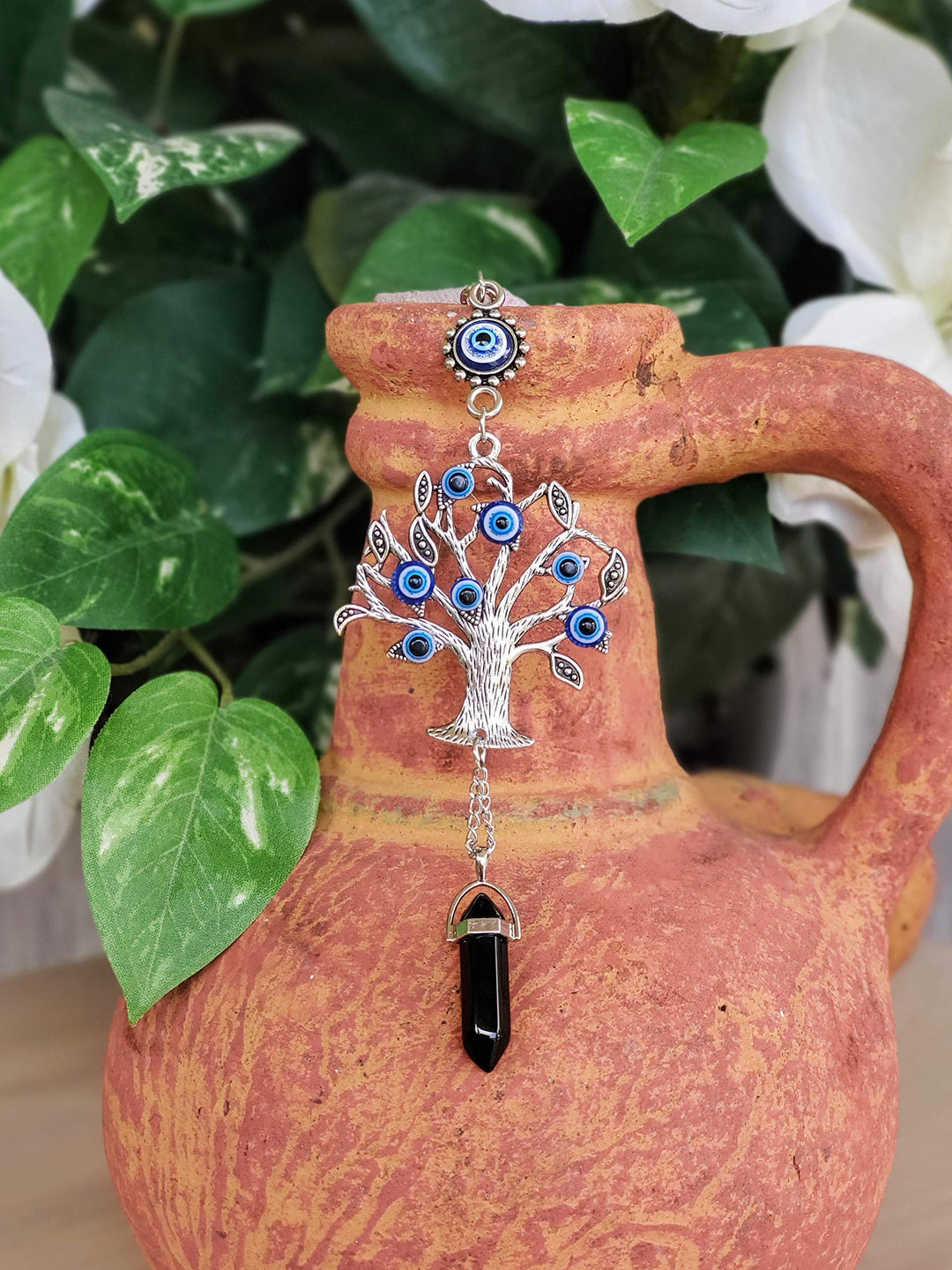 Silver Tree of Life Amulet w/Blue Evil Eye &amp; Crystal Gemstone - Charm for Growth, Strength, Protection, Home Hanging Decor, Car Rear View Mirror Accessories, 2.2x7, Black Stone