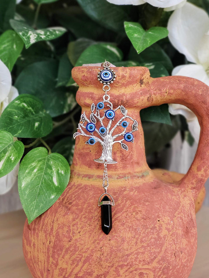 Silver Tree of Life Amulet w/Blue Evil Eye &amp; Crystal Gemstone - Charm for Growth, Strength, Protection, Home Hanging Decor, Car Rear View Mirror Accessories, 2.2x7, Black Stone