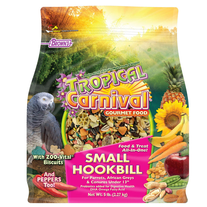 F.M. Brown's Tropical Carnival Gourmet Bird Food for Parrots, African Greys, and Conures Under 13, Probiotics for Digestive Health, Vitamin-Nutrient Fortified Daily Diet - 5 lb.