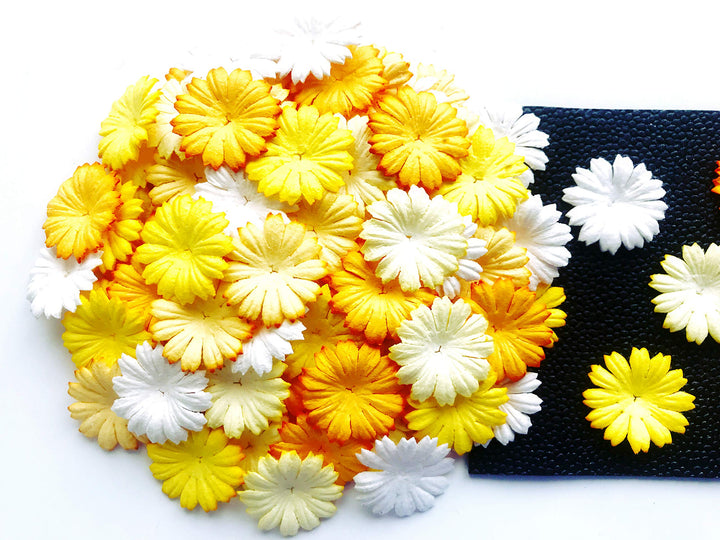 Tyga_Thai TH 50 pcs. Daisy Paper Flowers 25 mm. Mixed Tone Yellow Petal Flower die cuts Mulberry Paper Flower Craft Handmade Wedding Scrapbook for so Many Card Craft Projects Yellow, White Small