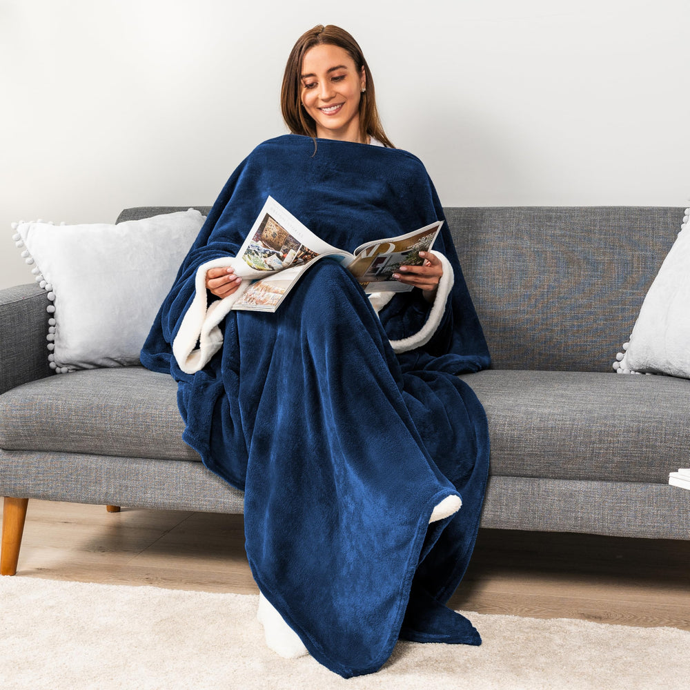 Fleece Blanket with Sleeves for Women Men Adults, Wearable Blanket Warm Soft Plush, Hug Sleep Pod Snuggle Pocket Sleeved TV Throw Wrap, Cozy White Elephant Gifts Ideas for Mom Wife, Navy Blue